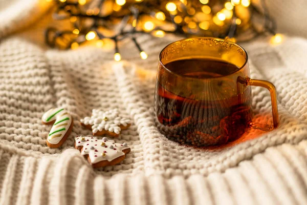 Χριστουγεννιάτικη διακόσμηση. Κούπες και χριστουγεννιάτικα μπισκότα σε πλεκτό πουλόβερ. Αναπαυτική ανάπαυση — Φωτογραφία Αρχείου