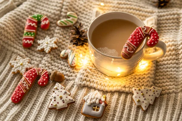 クリスマスの装飾。ニットのセーターにマグとクリスマスクッキー。居心地の良い休息 — ストック写真