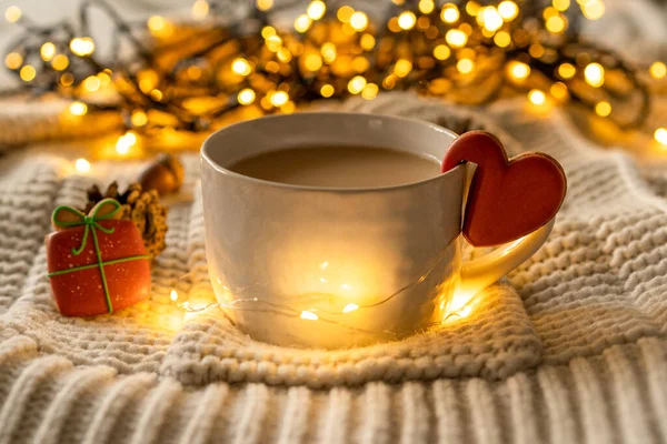 Kerstdecor. Beker en kerstkoekjes op een gebreide trui. Gezellige rust — Stockfoto