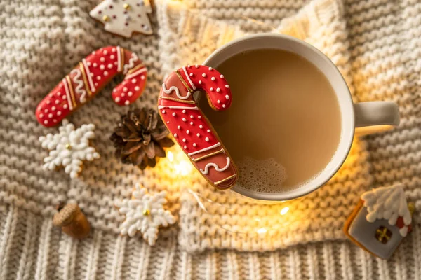 Kerstdecor. Beker en kerstkoekjes op een gebreide trui. Gezellige rust — Stockfoto