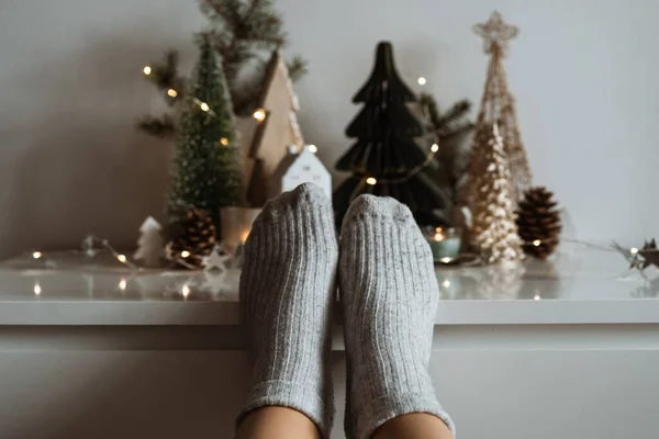 Winter mood. Socks and Festive modern decorations. Merry Christmas.