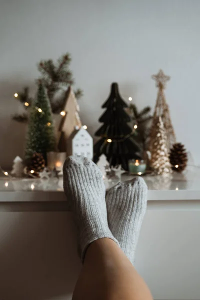 Winter mood. Socks and Festive modern decorations. Merry Christmas.