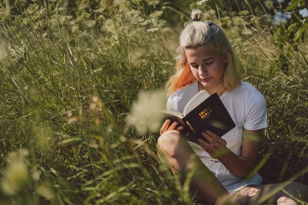 Adolescente cristiana leyendo la Biblia en el campo. Concepto de fe, espiritualidad y religión — Foto de Stock