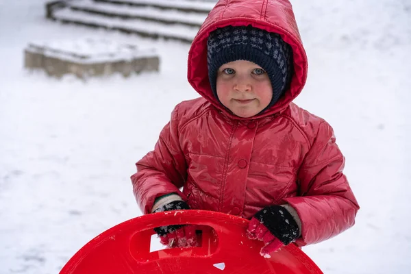 Una Niña Monta Trineo Tobogán Invierno Vacaciones Invierno — Foto de Stock