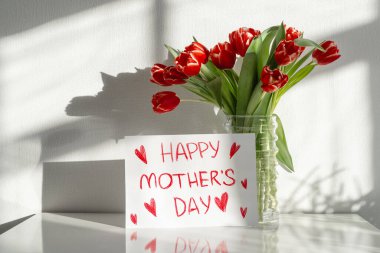 Anneler Günün kutlu olsun. Oturma odasındaki dolapta bir buket kırmızı lale var..