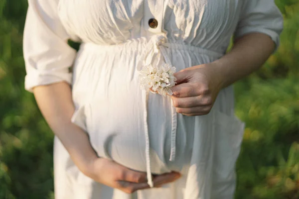 Весенний Портрет Беременной Женщины Красивая Молодая Беременная Женщина Белом Платье — стоковое фото
