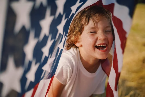 Happy Little Boy Patriot Running Field American Flag Usa Celebrate — Stock Photo, Image