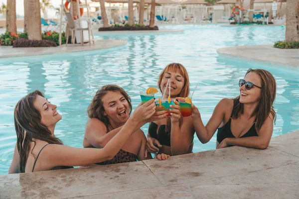 Bir grup güzel genç bayan havuzda dinleniyor. Arkadaşlar bir yaz günü havuzda dinlenir ve gülerler.