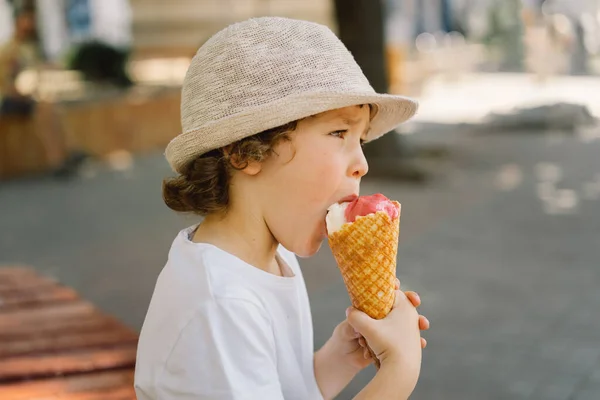 Un chico con sombrero sostiene un helado y se ve feliz y sorprendido. Comida de verano y hora de verano — Foto de Stock