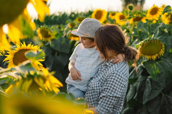 Madre con piccolo figlio nel campo di girasoli durante l'ora d'oro. Mamma e figlio sono attivi nella natura — Foto Stock
