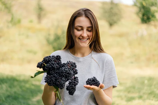 Κορίτσι κρατά στα χέρια συμπλέγματα φρούτων μαύρο elderberry. Σαμπούκους νέγρα. Μαύρος μεγαλύτερος. Ευρωπαϊκό φόντο μαύρου φραγκοστάφυλου — Φωτογραφία Αρχείου