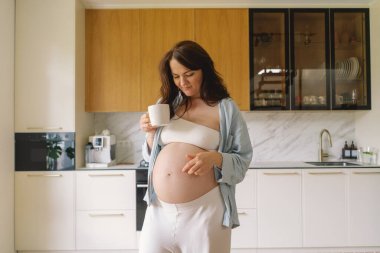 Sıcak bir mutfakta hamile bir kadın hamile karnını nazikçe tutuyor. Huzurlu bir ortamda yaklaşan anneliği yansıtıyor.