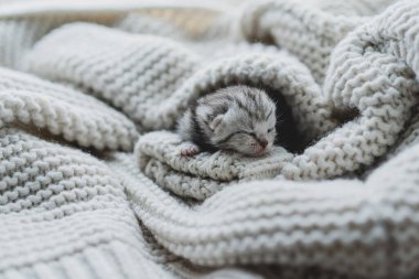 Küçük, tüylü bir kedi yavrusu yumuşak ipliklerin arasında huzur içinde uyuyor. Sıcak ortam sıcak battaniyeler içeriyor, dinlenmek için mükemmel sakin bir atmosfer yaratıyor..