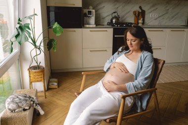 Sıcak bir mutfakta hamile bir kadın hamile karnını nazikçe tutuyor. Huzurlu bir ortamda yaklaşan anneliği yansıtıyor.