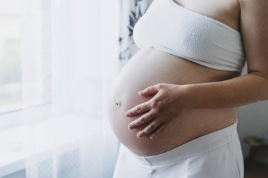A woman stands by a window, cradling her round belly. This moment captures the beauty of pregnancy.