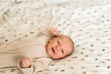 Yumuşak, renkli bir battaniyenin üzerine uzanmış yeni doğmuş bir bebek meraklı bir şekilde geniş gözlerle izleyiciye bakıyor. Sıcak atmosfer, bebeklerin nazik ve masum özelliklerini vurgular..