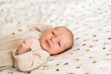 Yumuşak, renkli bir battaniyenin üzerine uzanmış yeni doğmuş bir bebek meraklı bir şekilde geniş gözlerle izleyiciye bakıyor. Sıcak atmosfer, bebeklerin nazik ve masum özelliklerini vurgular..