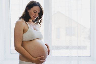 A Pregnant woman stands by a window, cradling her round belly. This moment captures the beauty of pregnancy.