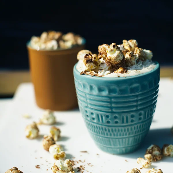 Coffee with Chocolate Popcorn and Whipped Cream. Sweet Concept — Stock Photo, Image