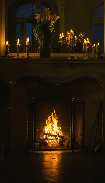 Burning Fireplace in winter time — Stock Photo, Image