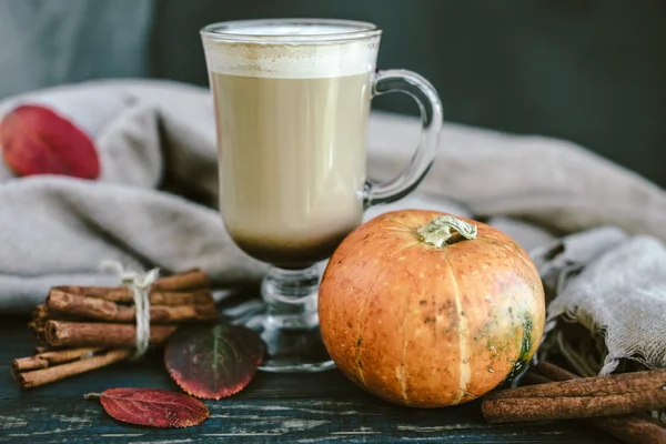 Würziger Kürbislatte auf einem Holzbrett mit Pullover — Stockfoto