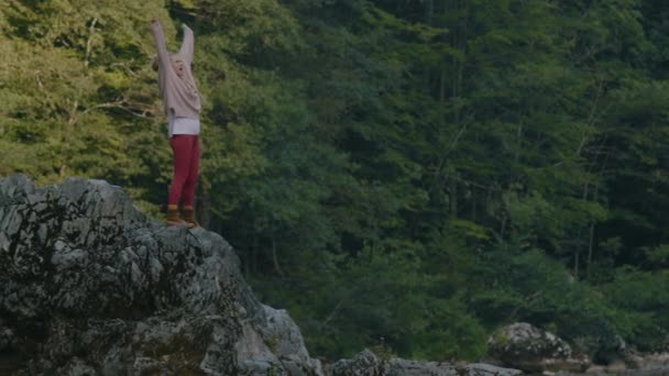 Primer plano de la mujer viajera con rastas y mochila en la cima de la montaña mirando el atardecer levantando las manos. Concepto de Libertad, Felicidad — Vídeo de stock