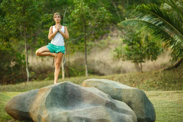 La muchacha se ocupa del yoga sobre la naturaleza sobre la piedra grande — Foto de Stock