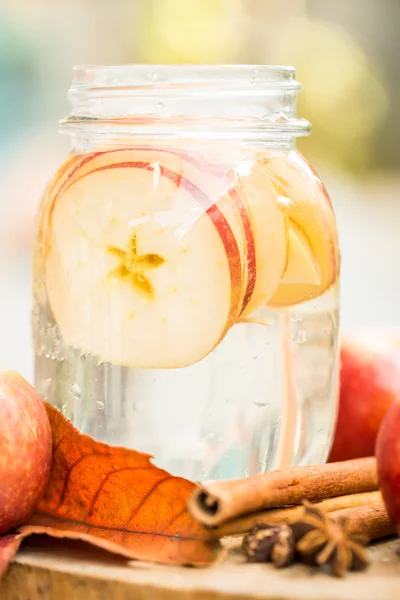 Desintoxicar a água com maçãs. Composição de outono com folhas e appl — Fotografia de Stock