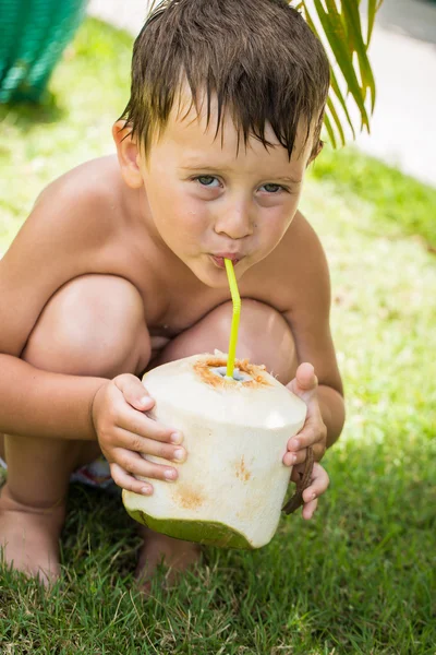 Мальчик пьет кокос — стоковое фото