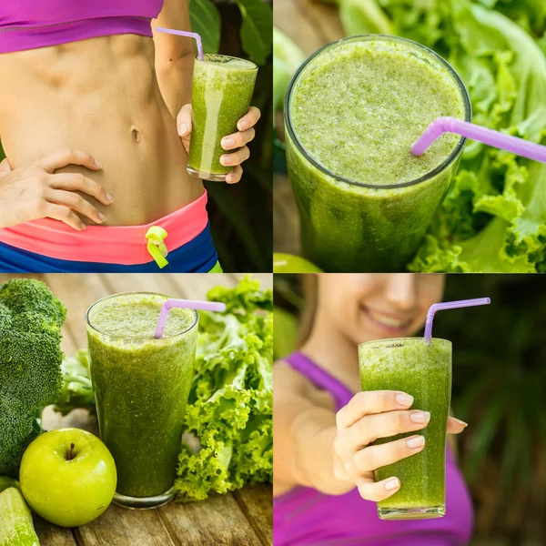 Athletic girl holding a green smoothie, collage — Stock Photo, Image