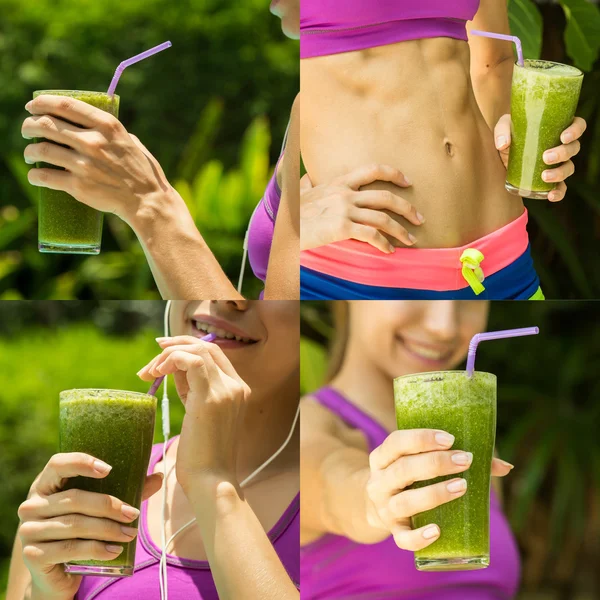 Yeşil smoothie tutan atletik kız