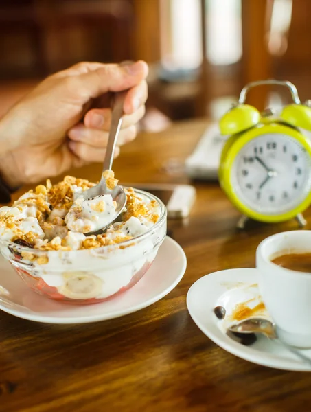 Men's breakfast with coffee and muesli — Stok fotoğraf