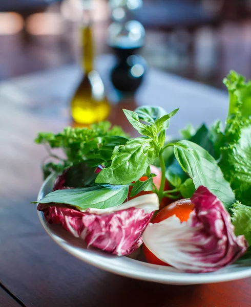 Lettuce leaves and olive oil — Stock Photo, Image