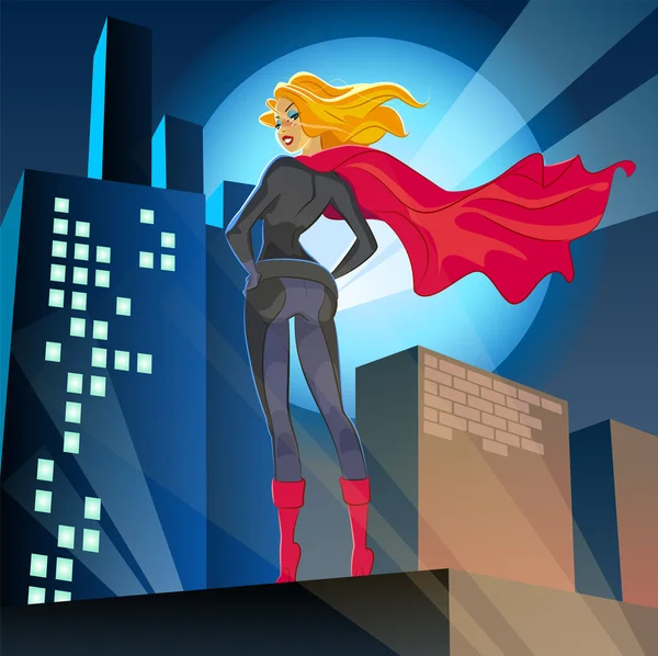 Super mujer sobre la ciudad — Vector de stock