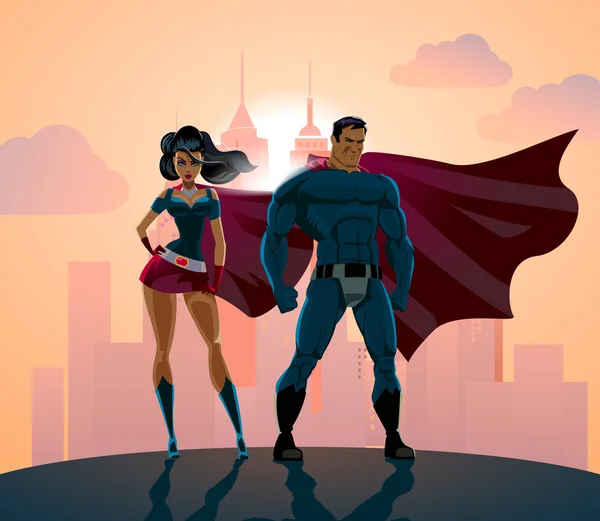 Casal de super-heróis: super-heróis masculinos e femininos, posando na frente o — Vetor de Stock