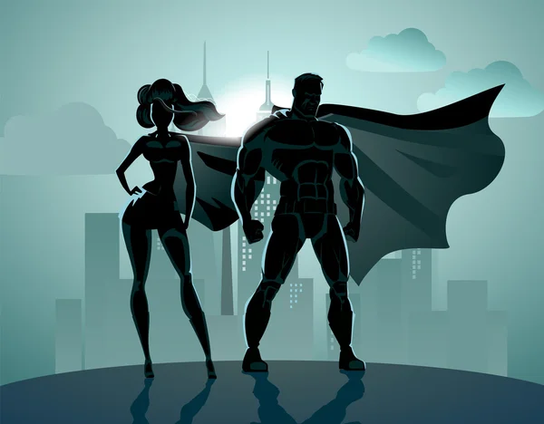 Superhero Couple: Male and female superheroes, posing in front o — Stock Vector