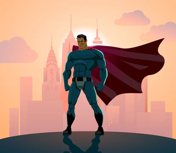 Superhéroe en la ciudad — Vector de stock