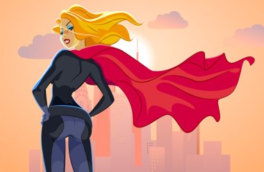 Super hero woman looks at an evening city landscape clipart