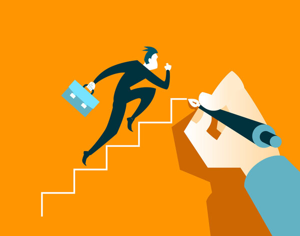 Бизнесмен бежит по ступенькам. Рука тянет лестницу
