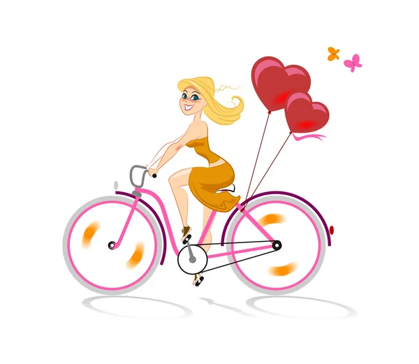 Fille dans l'amour va en vélo — Image vectorielle