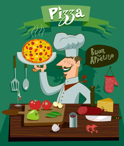 Cuire dans la cuisine en préparant une pizza. Un ensemble d'ingrédients pour — Image vectorielle