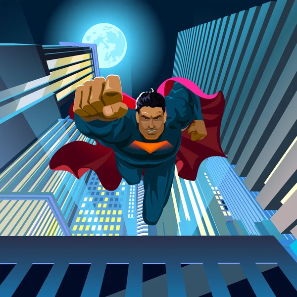Superheld springt vom Dach und fliegt in die Kamera — Stockvektor