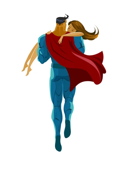 Superheld redt zijn geliefde. Houdt op handen — Stockvector