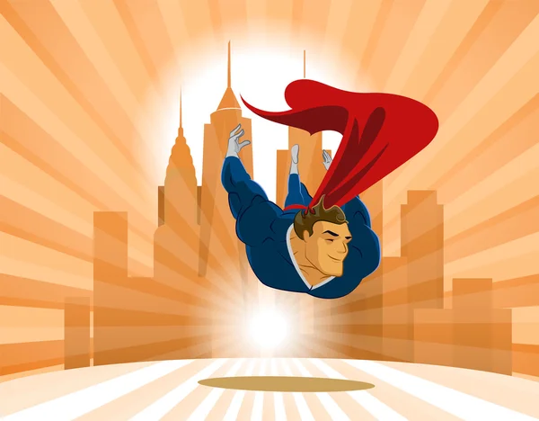 Superhero flies low over the earth on the city background — Stock Vector