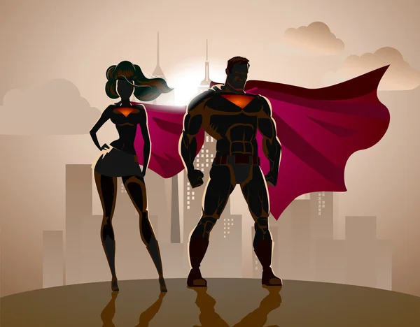 Superhero Pasangan: pahlawan super pria dan wanita, berpose di depan o - Stok Vektor