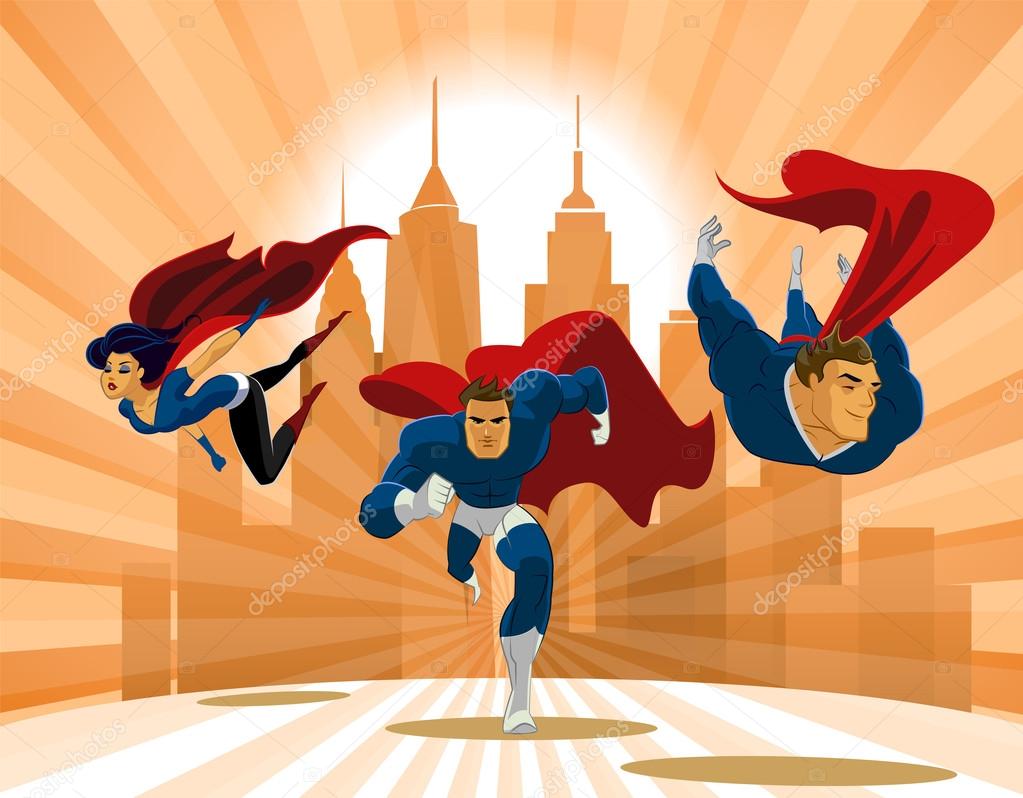 Superhero Team. Team of superheroes, flying and running in front