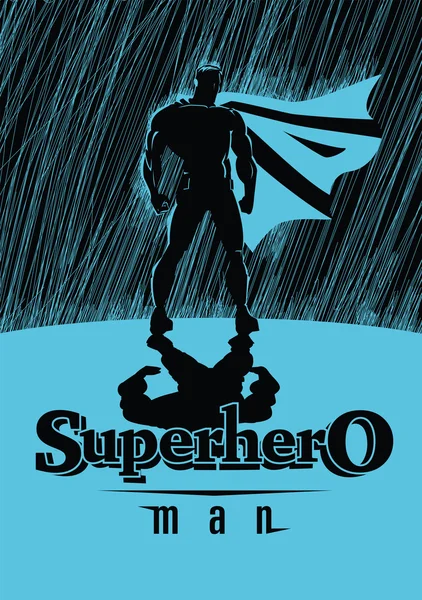 Superhero in rain: Superhero watching over the city. — Stock Vector
