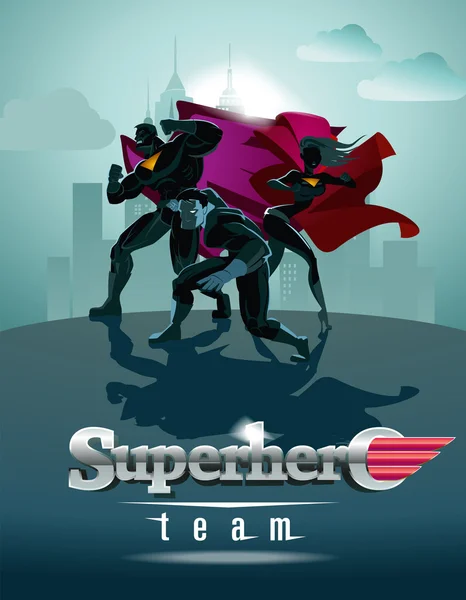 Poster. Superhero Team; Team of superheroes, posing in front of — Stock Vector