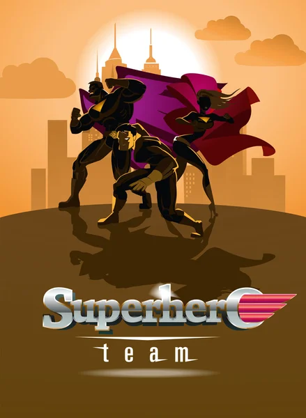 Superheldenteam; Team von Superhelden, posiert vor einem Licht. — Stockvektor