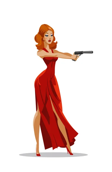La super agente donna. In un vestito rosso con una pistola — Vettoriale Stock
